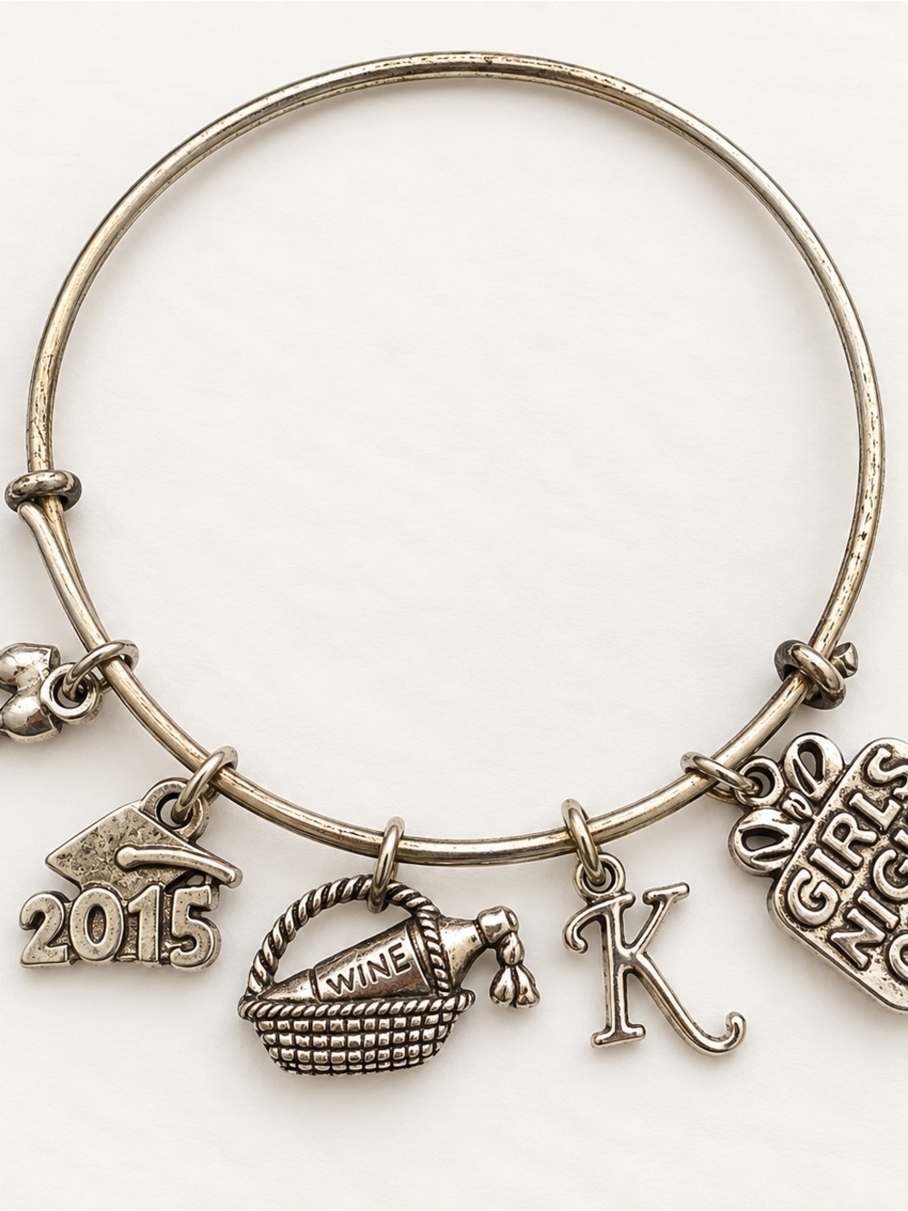 Girls Night Out Wine Charm Bangle Bracelet Silver Tone 2015 Initial K